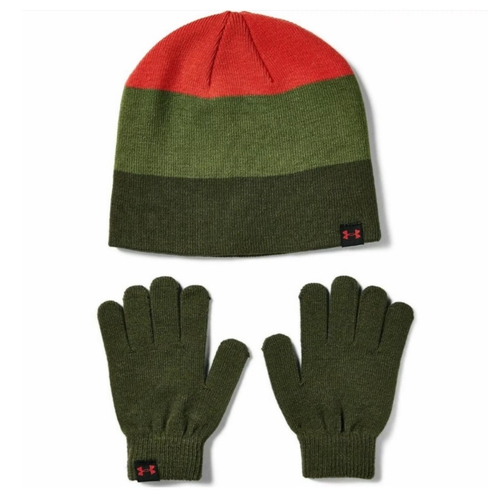 Under Armour Boys Youth Winter Colorblock Stripe Beanie Hat and Gloves Set